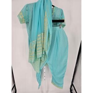 Vintage Womens Sz XXL Kurta and Pant Set Bright Blue w/ Green Trim